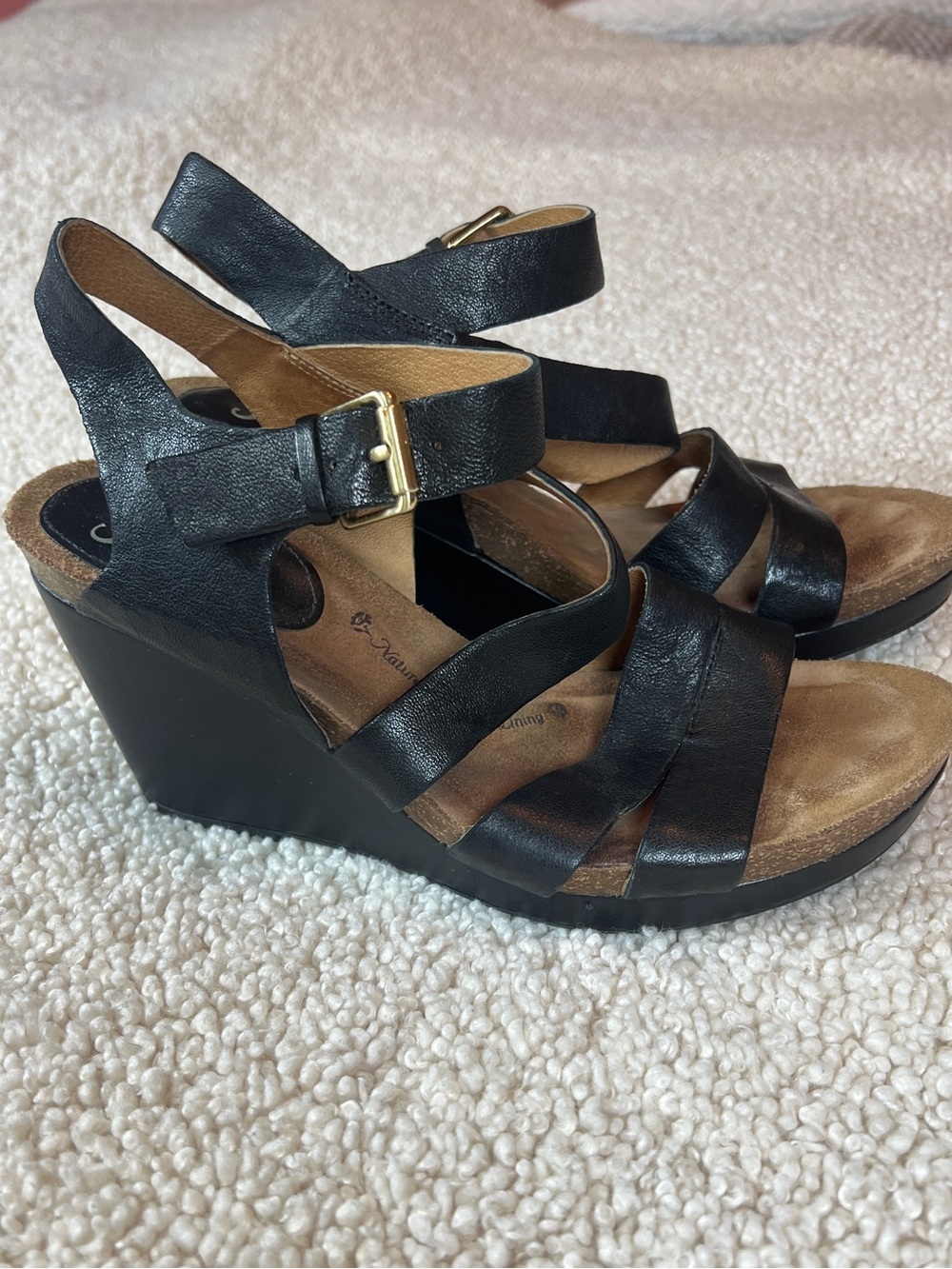 Sofft 9.5 Wedge Boho Heel Sandals Womens Black Leather Strappy Comfort Shoes